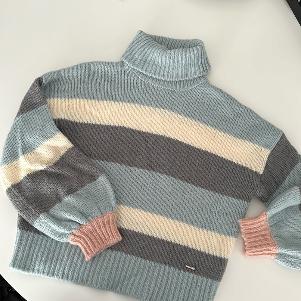 Ted Baker Turtle Neck Sweater • Size 3 • Pink, Blue & Gray • Mint Condition